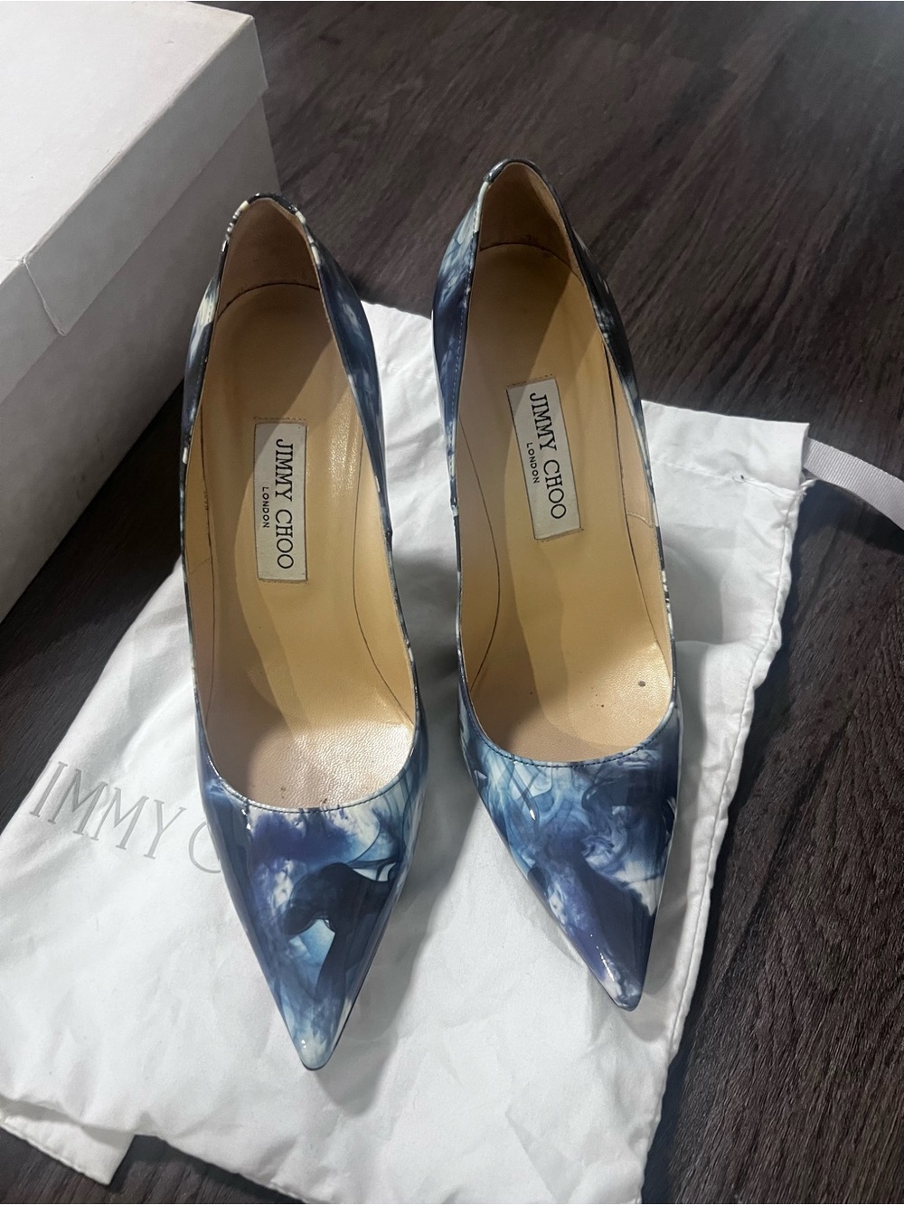 Jimmy Choo Navy and White Marble Patent Leather Pointed Pumps